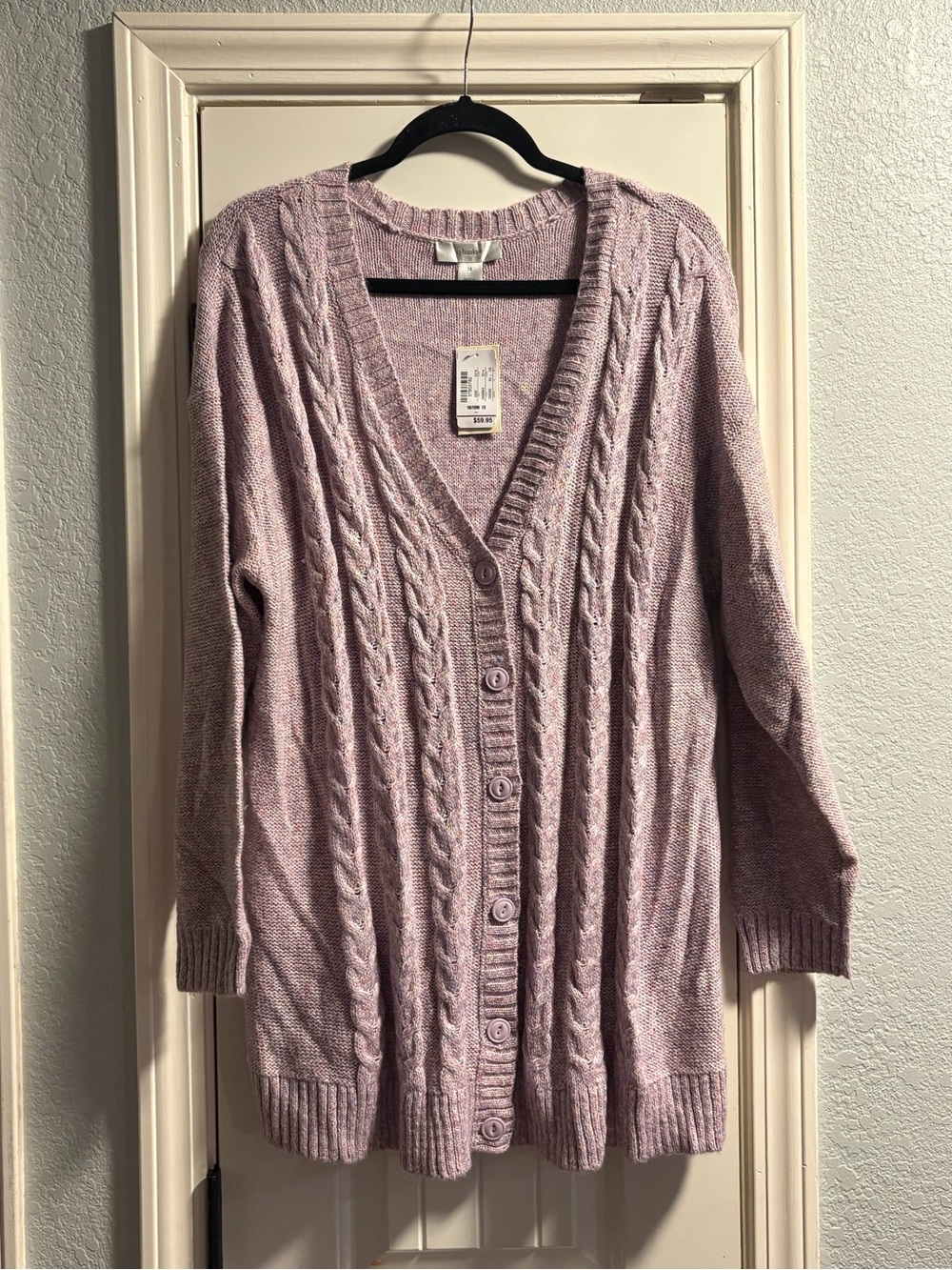 CJ Banks Cardigan Women 1X Lavender Cable Knit Button Front Longline Sweater